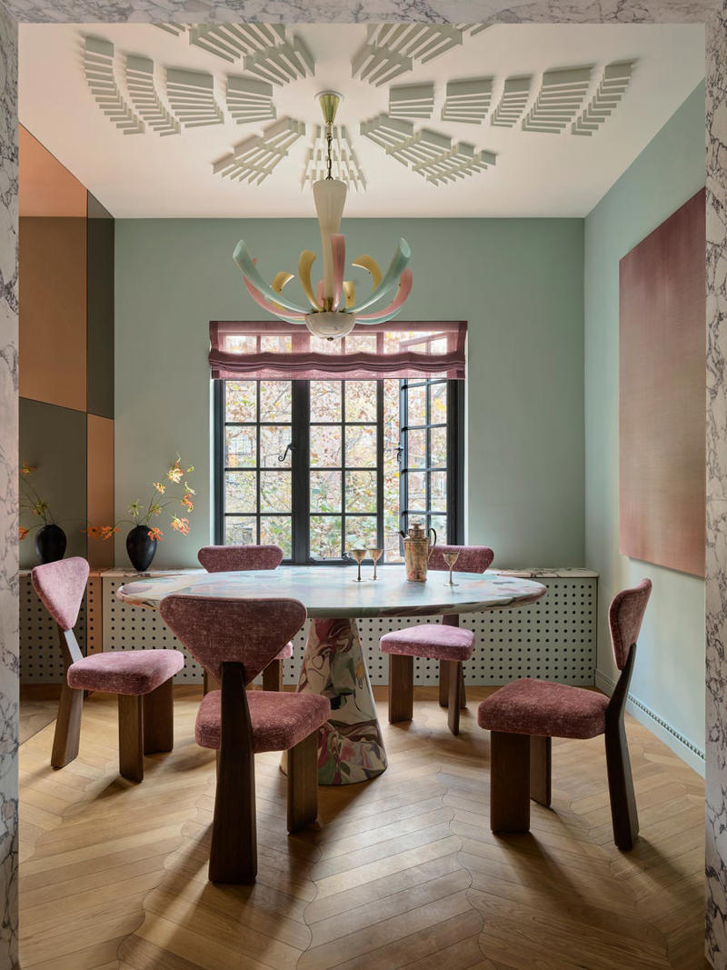Reflective Ceilings, Darker Woods, Sculptural Stone Tables, Murals for All, Vintage Chandeliers, Traditional Chair Profiles, Conversation-Worthy Art, Early '90s Geometry 