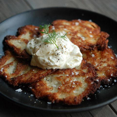 Best-Ever Potato Latkes, Potato Pancakes, Scallion Potato Pancakes, Latke Breakfast Hash, Savory Latke Babka, Killer Potato Latkes, Kate's Supercrispy Potato Latkes, Potato Pancakes with Smoked Salmon, Caviar, and Dill Cream, Scallops with Potato Pancakes and Caviar Sauce, Celery Root–Potato Pancakes with Green Apple Sour Cream, Crispy Summer Squash Pancakes