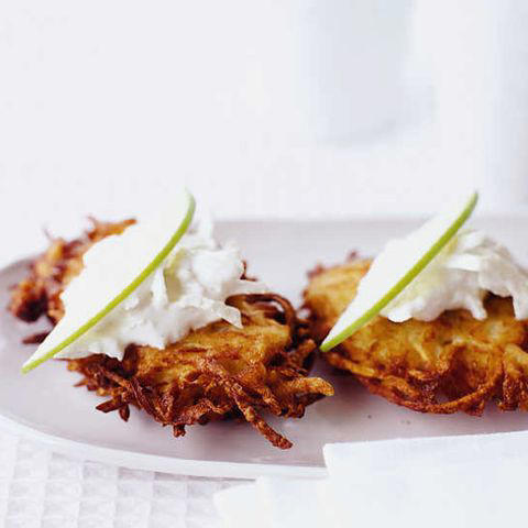 Best-Ever Potato Latkes, Potato Pancakes, Scallion Potato Pancakes, Latke Breakfast Hash, Savory Latke Babka, Killer Potato Latkes, Kate's Supercrispy Potato Latkes, Potato Pancakes with Smoked Salmon, Caviar, and Dill Cream, Scallops with Potato Pancakes and Caviar Sauce, Celery Root–Potato Pancakes with Green Apple Sour Cream, Crispy Summer Squash Pancakes