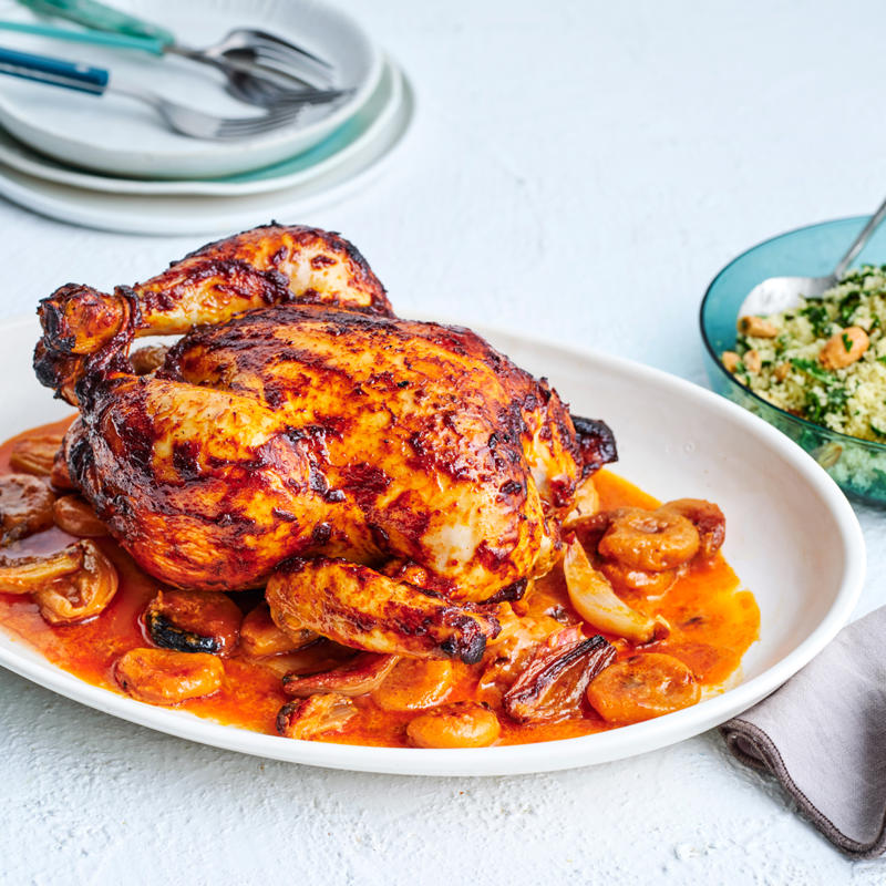          Sean Moran’s famous roast chicken with bread sauce      ,          Yoghurt roast chicken      ,          Roast chicken with preserved lemon and herbs      ,          Roasted harissa apricot chicken with almond and herb couscous      ,          Epocha’s roast chicken, braised Savoy cabbage, prune and butter sauce      ,          Za’atar roast chicken with pilaf, pomegranate and nuts      ,          Pan-roasted chicken with artichokes and salad onion      ,          Roast chicken thighs with sourdough panzanella      ,          Roast chicken with anchovy butter and greens      ,          Roast chicken with tarragon butter and Dutch carrots      ,          Matt Moran’s chicken roasted in spiced hay with lemon stuffing      ,          Nonna’s rice-stuffed chicken by Matteo Tine      ,          Paprika roast chicken with chorizo and white beans      