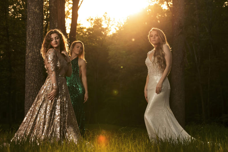A flowing dress with sequins, A light A-line dress, A jersey dress, A fringed dress, A stretch cotton dress, A heavy satin mermaid dress, A ball gown with a petticoat, A strapless dress adorned with pearls, A tulle dress with a train, A form-fitting velvet dress