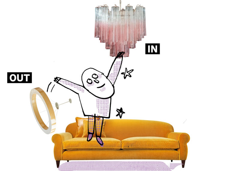 OUT: Moody Blues, IN: Sunny Shades, OUT: Smart-Everything, IN: Analog Elements, OUT: Open Windows, IN: Bamboo Dreams, OUT: Sterile Surfaces, IN: Statement Tile, OUT: California Minimalism, IN: Vintage Glam, OUT: Manufactured Materials, IN: Cork Chic, OUT: Brash LEDs, IN: ‘Jewelry’ Lighting, OUT: Splashy Stone, IN: Tinny Kitchens