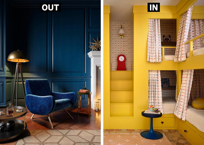 OUT: Moody Blues, IN: Sunny Shades, OUT: Smart-Everything, IN: Analog Elements, OUT: Open Windows, IN: Bamboo Dreams, OUT: Sterile Surfaces, IN: Statement Tile, OUT: California Minimalism, IN: Vintage Glam, OUT: Manufactured Materials, IN: Cork Chic, OUT: Brash LEDs, IN: ‘Jewelry’ Lighting, OUT: Splashy Stone, IN: Tinny Kitchens