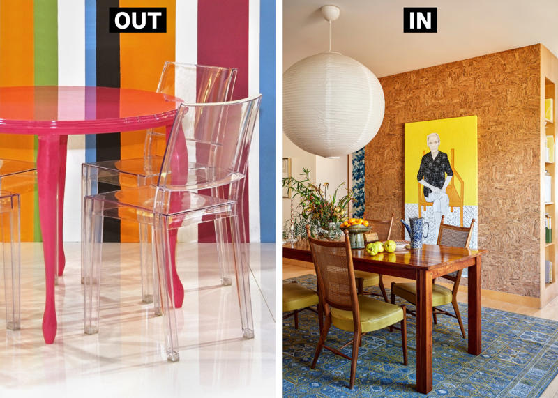 OUT: Moody Blues, IN: Sunny Shades, OUT: Smart-Everything, IN: Analog Elements, OUT: Open Windows, IN: Bamboo Dreams, OUT: Sterile Surfaces, IN: Statement Tile, OUT: California Minimalism, IN: Vintage Glam, OUT: Manufactured Materials, IN: Cork Chic, OUT: Brash LEDs, IN: ‘Jewelry’ Lighting, OUT: Splashy Stone, IN: Tinny Kitchens
