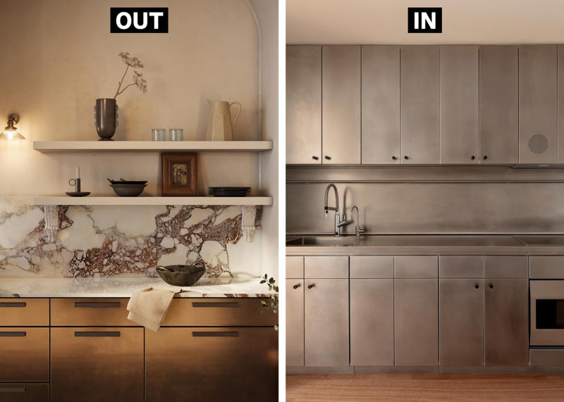 OUT: Moody Blues, IN: Sunny Shades, OUT: Smart-Everything, IN: Analog Elements, OUT: Open Windows, IN: Bamboo Dreams, OUT: Sterile Surfaces, IN: Statement Tile, OUT: California Minimalism, IN: Vintage Glam, OUT: Manufactured Materials, IN: Cork Chic, OUT: Brash LEDs, IN: ‘Jewelry’ Lighting, OUT: Splashy Stone, IN: Tinny Kitchens