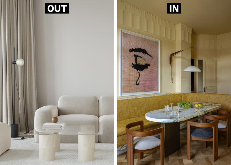 OUT: Moody Blues, IN: Sunny Shades, OUT: Smart-Everything, IN: Analog Elements, OUT: Open Windows, IN: Bamboo Dreams, OUT: Sterile Surfaces, IN: Statement Tile, OUT: California Minimalism, IN: Vintage Glam, OUT: Manufactured Materials, IN: Cork Chic, OUT: Brash LEDs, IN: ‘Jewelry’ Lighting, OUT: Splashy Stone, IN: Tinny Kitchens