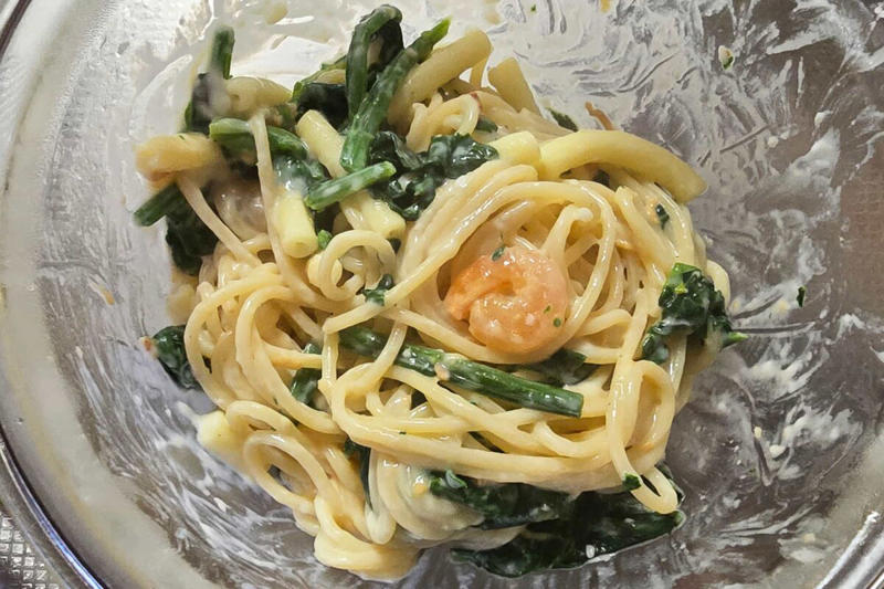■「グラタンdeクリームパスタ」の材料, ■パスタとほうれん草を茹でる, ■グラタンとパスタを混ぜる, ■まさに“クリームパスタ”！