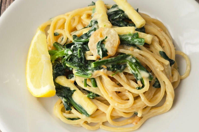 ■「グラタンdeクリームパスタ」の材料, ■パスタとほうれん草を茹でる, ■グラタンとパスタを混ぜる, ■まさに“クリームパスタ”！