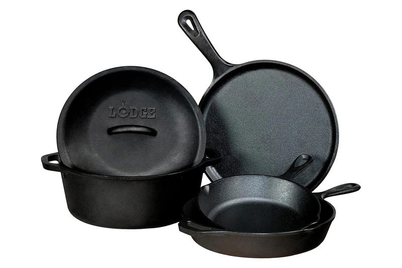 Lodge Pre-Seasoned Cast Iron 5-Piece Set, Shop More Lifelong Cookware Worth Gifting at Amazon, Lodge 8-Inch Pre-Seasoned Carbon Steel Skillet, Le Creuset 8-Quart Enameled Cast Iron Signature Oval Dutch Oven, Tramontina 10-Piece Tri-Ply Clad Stainless Steel Cookware Set, All-Clad D3 3-Ply Stainless Steel Fry Pan Set, Hestan CopperBond 10-Piece Ultimate Cookware Set