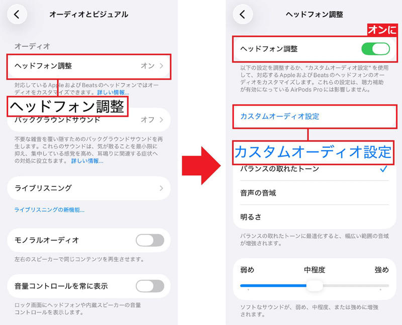 【1】AirPodsの音質を自分好みに調整する, AirPodsの音質を自分好みに調整する手順, 【2】iPhoneをマイク代わりにして離れた場所の音を聞く, ライブリスニング機能をオンにする手順, 【3】iPhoneに2組のAirPodsを接続して友だちと一緒に音楽を聴く, 2組のAirPodsをiPhoneに同時ペアリングする手順, 【4】失くしたAirPodsをiPhoneで探す, iPhoneの「探す」アプリでAirPodsを探す手順, iPhoneの「探す」アプリにAirPodsを登録する手順, 【5】メッセージをSiriに読み上げてもらう, Siriにメッセージを読み上げてもらう手順, 【6】作業に集中したいときはバックグラウンドサウンドを再生, AirPodsでバックグラウンドを再生する手順
