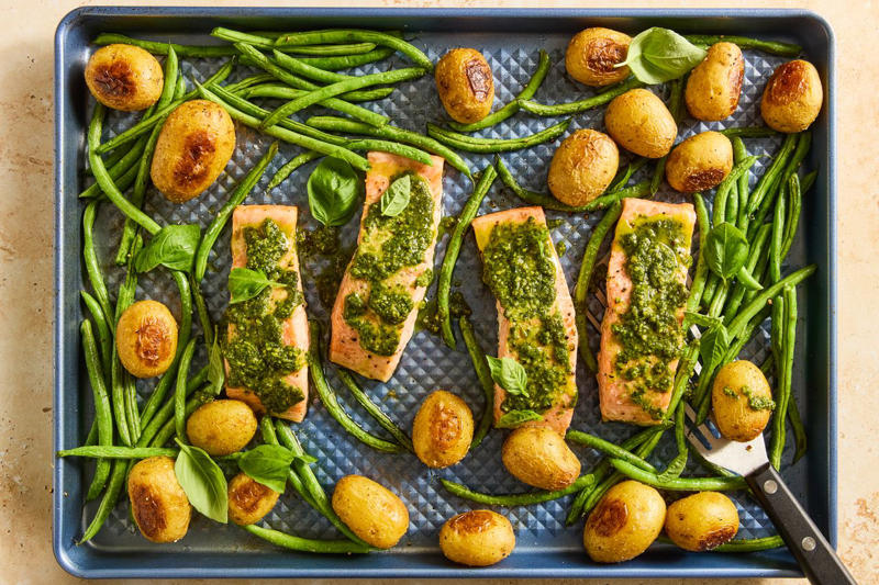 Sheet Pan Chicken with Asparagus and Potatoes, Grandma Pizza, Roasted Eggplant and Butternut Squash with Tahini-Yogurt Sauce, Greek-Style Roast Chicken, Sheet Pan Salmon With Feta Sauce, Sheet Pan Gnocchi With Mushrooms, Sausage, and Kale, Honey Roasted Chicken Thighs with Potatoes, Apples, and Shallots, Easy Asparagus Tart, Sheet Pan Sausage, Peppers, and Onions, Sheet Pan Biftekia with Lemony Potato Wedges, Loaded Sheet Pan Nachos, Sheet Pan Salmon With Asparagus, Sheet Pan Chicken with Roasted Broccoli and Potatoes, Meat Lovers' Sheet Pan Pizza, Loaded Sheet Pan Quesadillas, Salmon with Potatoes and Pesto