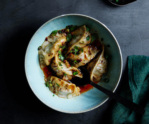 Our best dumpling recipes,          Kylie Kwong’s prawn dumplings with organic tamari and chilli dressing      ,          Crisp pork and ginger gyozas with sesame rayu      ,          Spicy Sichuan-style lamb dumplings with chilli oil      ,          Poached pork and garlic chive dumplings (Jiu cai jiaozi)      ,          Crab xiao long bao      ,          Pork, scallop and sticky rice siu mai      ,          Pork dumplings with black vinegar and ginger      