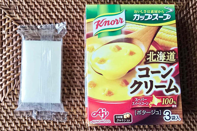 ■「あべかわもち～コーンクリーム仕立て～」の材料, ■餅はレンチンで約2分, ■カップスープの素をまぶす, ■お菓子感覚で楽しめるお餅アレンジ