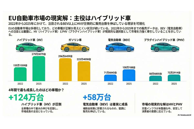 電動化単線論の揺らぎ, BEV急拡大下での戦略修正, 正解のない自動車市場, 日系メーカーの評価課題, レンタカーによる試乗戦略
