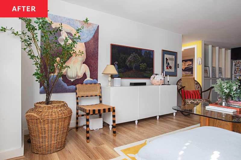 Light-toned laminate flooring is a modern, affordable upgrade., Floor-to-ceiling IKEA shelving makes smart use of horizontal and vertical space. , This apartment owner's advice? If it brings you joy, display it. , Lamps galore added cozy vibes. , Further Reading