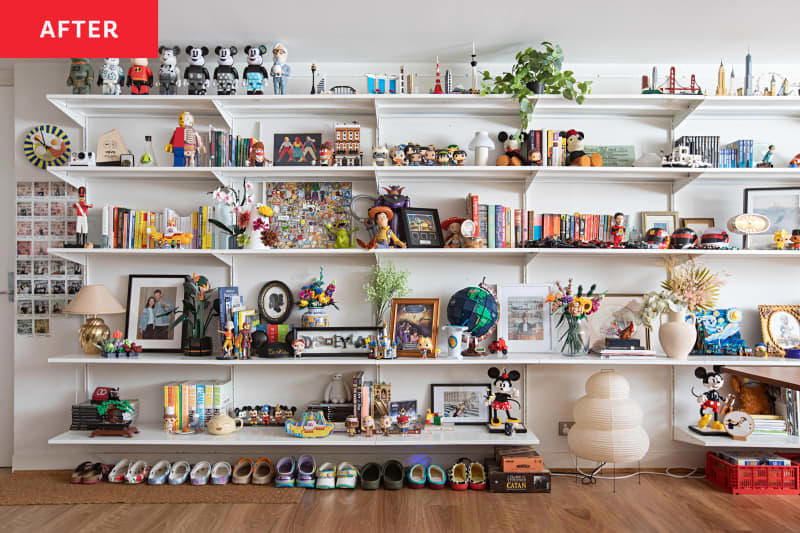 Light-toned laminate flooring is a modern, affordable upgrade., Floor-to-ceiling IKEA shelving makes smart use of horizontal and vertical space. , This apartment owner's advice? If it brings you joy, display it. , Lamps galore added cozy vibes. , Further Reading