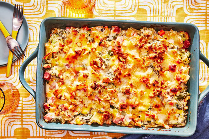 Chicken-And-Rice Bake With Broccolini, Chicken-And-Biscuit Casserole, BLT Pain Perdu Casserole, Macaroni Corn Casserole, Hashbrown Casserole, Old-Fashioned Chicken Pot Pie, Pineapple Casserole, New-School Pineapple Casserole, Ham And Noodle Casserole, Layered Squash Casserole, Hot Chicken Salad, Mini Cheese Grits Casseroles, Stuffed Ham-And-Cheese Croissant Casserole, Shrimp And Grits Casserole, Baked Ziti With Summer Vegetables, Poppy Seed Chicken, Chicken-And-Wild Rice Casserole, Chocolate Cobbler, Cakey Strawberry Cobbler, Pumpkin Crisp, Asparagus Casserole, Roasted Tomato Macaroni And Cheese, Pasta-Chicken-Broccoli Bake, Eggplant Rollups, Loaded Cauliflower Casserole, Everything Bagel Casserole, Old-Fashioned Apple And Cheese Casserole, Mushroom And Thyme Chicken-Broccoli Casserole, Cheesy Chicken Casserole, Meatball Casserole