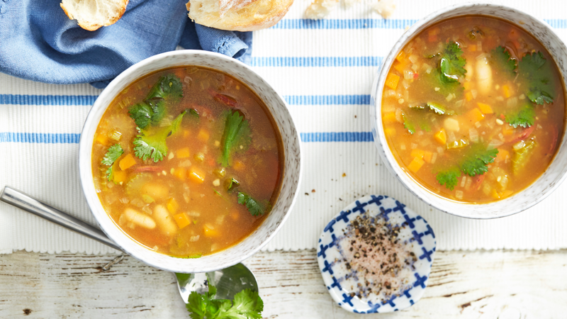      Chicken Mulligatawny Soup   ,      Tom Yum Chicken Noodle Soup   ,      Tuscan Tomato and Bean Soup   ,      Cannellini and Chorizo Soup   ,      Fast Ed’s Ham Hock, Potato and Leek Soup   