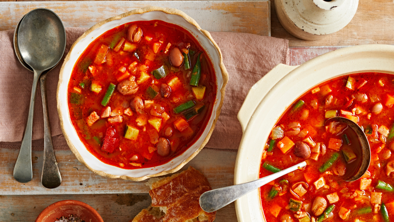      Chicken Mulligatawny Soup   ,      Tom Yum Chicken Noodle Soup   ,      Tuscan Tomato and Bean Soup   ,      Cannellini and Chorizo Soup   ,      Fast Ed’s Ham Hock, Potato and Leek Soup   