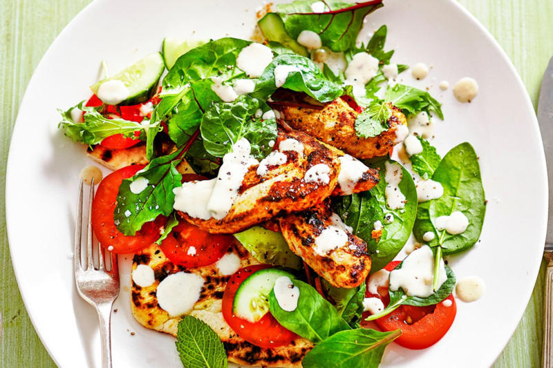 Our Best Salad Recipes, Mediterranean Prawn Salad , Smoky Texan Chicken with Ranch Salad , Lamb with Chickpea and Avocado Salad , Charred Potato Caesar Salad , Bacon and Corn Pasta Caesar Salad , Sweet Chilli Chicken and Pineapple with Salad , Spicy Sausages with Pineapple Rice Salad , Tuscan Steaks with Olive Avocado Salad , Thai Fish and Prawn Cakes with Asian Salad