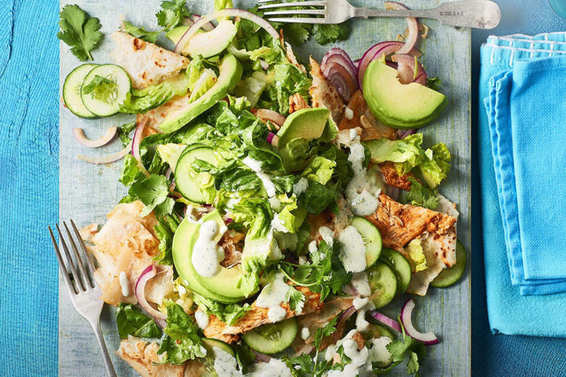 Our Best Salad Recipes, Mediterranean Prawn Salad , Smoky Texan Chicken with Ranch Salad , Lamb with Chickpea and Avocado Salad , Charred Potato Caesar Salad , Bacon and Corn Pasta Caesar Salad , Sweet Chilli Chicken and Pineapple with Salad , Spicy Sausages with Pineapple Rice Salad , Tuscan Steaks with Olive Avocado Salad , Thai Fish and Prawn Cakes with Asian Salad