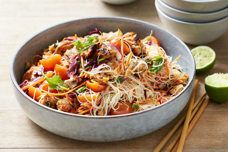 Our Best Salad Recipes, Mediterranean Prawn Salad , Smoky Texan Chicken with Ranch Salad , Lamb with Chickpea and Avocado Salad , Charred Potato Caesar Salad , Bacon and Corn Pasta Caesar Salad , Sweet Chilli Chicken and Pineapple with Salad , Spicy Sausages with Pineapple Rice Salad , Tuscan Steaks with Olive Avocado Salad , Thai Fish and Prawn Cakes with Asian Salad