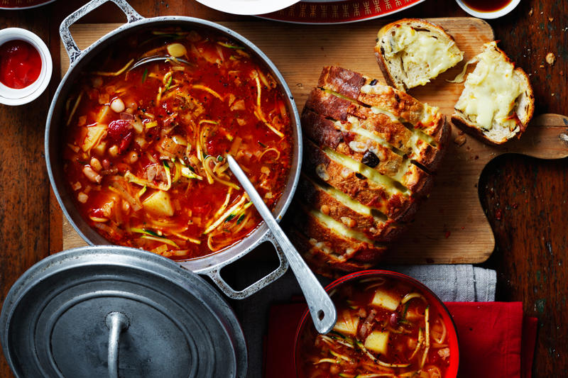      Chicken Mulligatawny Soup   ,      Tom Yum Chicken Noodle Soup   ,      Tuscan Tomato and Bean Soup   ,      Cannellini and Chorizo Soup   ,      Fast Ed’s Ham Hock, Potato and Leek Soup   