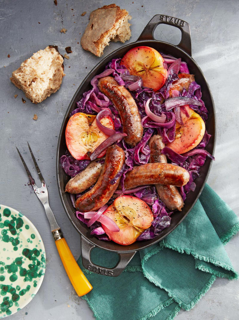 Seared Sausage with Cabbage and Pink Lady Apples, Butter-Braised Cabbage with Cream and Garlic, Baked Cabbage and Potato Buns (Piroshki), Bacon-Cabbage Panzanella, Honey Mustard Roasted Chicken and Cabbage, Sausage, Potato, and Cabbage Soup, Pierogies with Sausage, Cabbage &amp; Pear, Roasted Red Cabbage-and-Collard Green Slaw