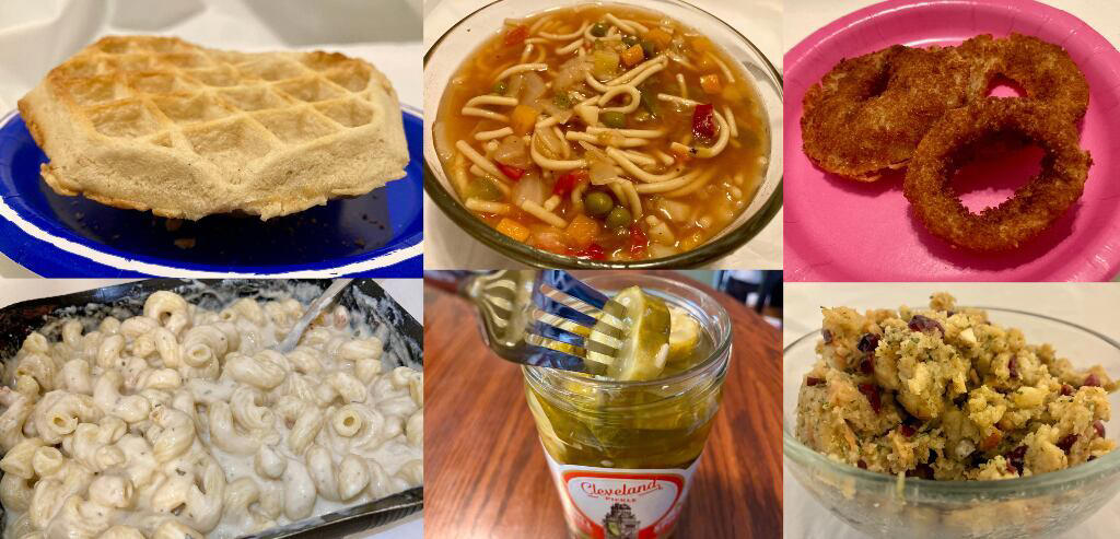 Frozen Waffles, Vegetable Soup, Onion Rings, Mac and Cheese, Pickles, Stuffing, Quesadillas, Frappuccino’s