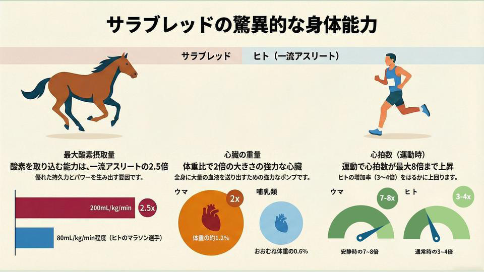 「軽くて長い肢」で速く走る, トレーニングで心肺機能をさらに強化, スピードの鍵握る「遺伝子」, 勝負決めるのは「ウマ7割、騎手3割」