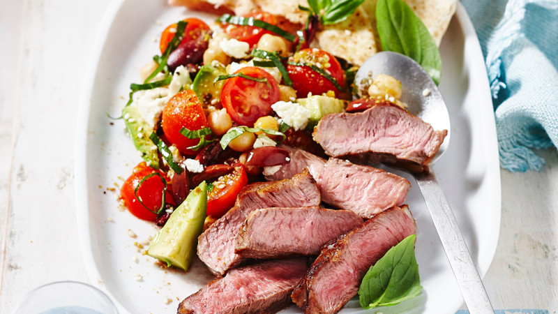 Our Best Salad Recipes, Mediterranean Prawn Salad , Smoky Texan Chicken with Ranch Salad , Lamb with Chickpea and Avocado Salad , Charred Potato Caesar Salad , Bacon and Corn Pasta Caesar Salad , Sweet Chilli Chicken and Pineapple with Salad , Spicy Sausages with Pineapple Rice Salad , Tuscan Steaks with Olive Avocado Salad , Thai Fish and Prawn Cakes with Asian Salad