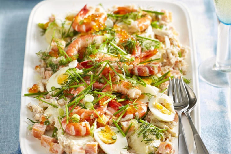 Our Best Salad Recipes, Mediterranean Prawn Salad , Smoky Texan Chicken with Ranch Salad , Lamb with Chickpea and Avocado Salad , Charred Potato Caesar Salad , Bacon and Corn Pasta Caesar Salad , Sweet Chilli Chicken and Pineapple with Salad , Spicy Sausages with Pineapple Rice Salad , Tuscan Steaks with Olive Avocado Salad , Thai Fish and Prawn Cakes with Asian Salad
