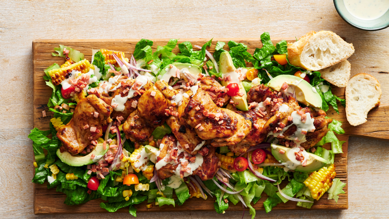 Our Best Salad Recipes, Mediterranean Prawn Salad , Smoky Texan Chicken with Ranch Salad , Lamb with Chickpea and Avocado Salad , Charred Potato Caesar Salad , Bacon and Corn Pasta Caesar Salad , Sweet Chilli Chicken and Pineapple with Salad , Spicy Sausages with Pineapple Rice Salad , Tuscan Steaks with Olive Avocado Salad , Thai Fish and Prawn Cakes with Asian Salad