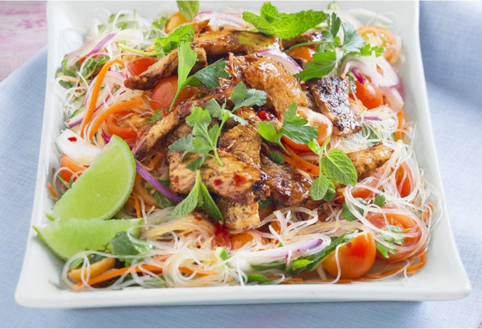 Our Best Salad Recipes, Mediterranean Prawn Salad , Smoky Texan Chicken with Ranch Salad , Lamb with Chickpea and Avocado Salad , Charred Potato Caesar Salad , Bacon and Corn Pasta Caesar Salad , Sweet Chilli Chicken and Pineapple with Salad , Spicy Sausages with Pineapple Rice Salad , Tuscan Steaks with Olive Avocado Salad , Thai Fish and Prawn Cakes with Asian Salad