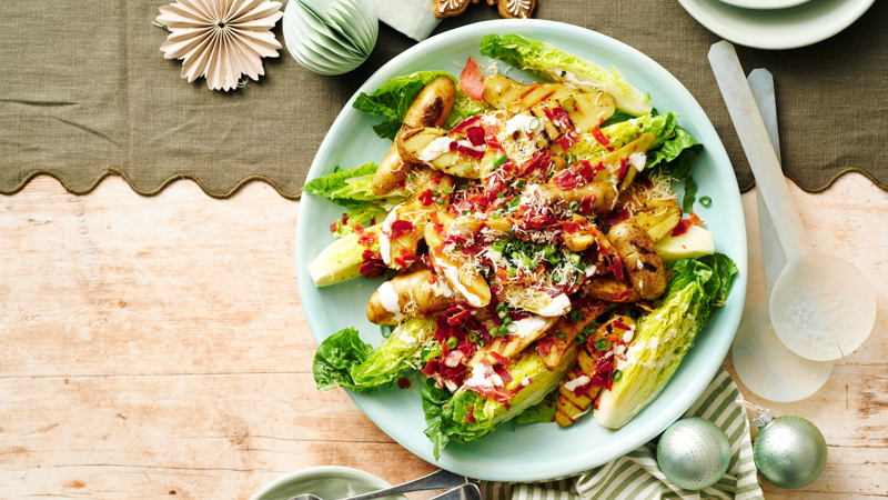 Our Best Salad Recipes, Mediterranean Prawn Salad , Smoky Texan Chicken with Ranch Salad , Lamb with Chickpea and Avocado Salad , Charred Potato Caesar Salad , Bacon and Corn Pasta Caesar Salad , Sweet Chilli Chicken and Pineapple with Salad , Spicy Sausages with Pineapple Rice Salad , Tuscan Steaks with Olive Avocado Salad , Thai Fish and Prawn Cakes with Asian Salad