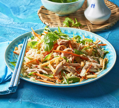 Our Best Salad Recipes, Mediterranean Prawn Salad , Smoky Texan Chicken with Ranch Salad , Lamb with Chickpea and Avocado Salad , Charred Potato Caesar Salad , Bacon and Corn Pasta Caesar Salad , Sweet Chilli Chicken and Pineapple with Salad , Spicy Sausages with Pineapple Rice Salad , Tuscan Steaks with Olive Avocado Salad , Thai Fish and Prawn Cakes with Asian Salad