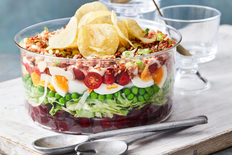Our Best Salad Recipes, Mediterranean Prawn Salad , Smoky Texan Chicken with Ranch Salad , Lamb with Chickpea and Avocado Salad , Charred Potato Caesar Salad , Bacon and Corn Pasta Caesar Salad , Sweet Chilli Chicken and Pineapple with Salad , Spicy Sausages with Pineapple Rice Salad , Tuscan Steaks with Olive Avocado Salad , Thai Fish and Prawn Cakes with Asian Salad