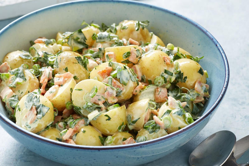 Our Best Salad Recipes, Mediterranean Prawn Salad , Smoky Texan Chicken with Ranch Salad , Lamb with Chickpea and Avocado Salad , Charred Potato Caesar Salad , Bacon and Corn Pasta Caesar Salad , Sweet Chilli Chicken and Pineapple with Salad , Spicy Sausages with Pineapple Rice Salad , Tuscan Steaks with Olive Avocado Salad , Thai Fish and Prawn Cakes with Asian Salad