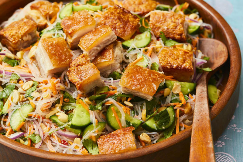 Our Best Salad Recipes, Mediterranean Prawn Salad , Smoky Texan Chicken with Ranch Salad , Lamb with Chickpea and Avocado Salad , Charred Potato Caesar Salad , Bacon and Corn Pasta Caesar Salad , Sweet Chilli Chicken and Pineapple with Salad , Spicy Sausages with Pineapple Rice Salad , Tuscan Steaks with Olive Avocado Salad , Thai Fish and Prawn Cakes with Asian Salad