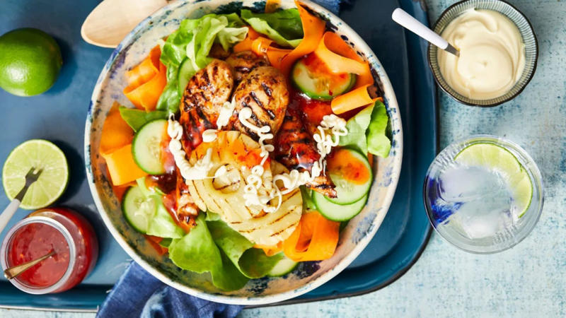 Our Best Salad Recipes, Mediterranean Prawn Salad , Smoky Texan Chicken with Ranch Salad , Lamb with Chickpea and Avocado Salad , Charred Potato Caesar Salad , Bacon and Corn Pasta Caesar Salad , Sweet Chilli Chicken and Pineapple with Salad , Spicy Sausages with Pineapple Rice Salad , Tuscan Steaks with Olive Avocado Salad , Thai Fish and Prawn Cakes with Asian Salad