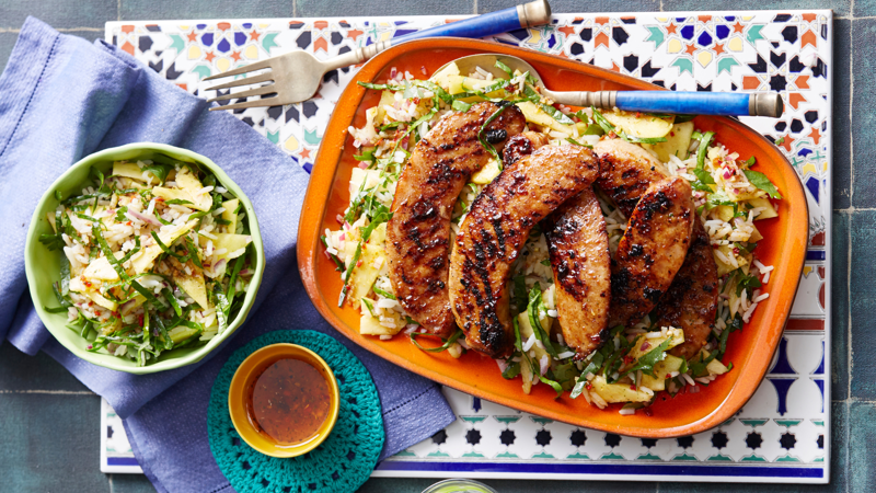 Our Best Salad Recipes, Mediterranean Prawn Salad , Smoky Texan Chicken with Ranch Salad , Lamb with Chickpea and Avocado Salad , Charred Potato Caesar Salad , Bacon and Corn Pasta Caesar Salad , Sweet Chilli Chicken and Pineapple with Salad , Spicy Sausages with Pineapple Rice Salad , Tuscan Steaks with Olive Avocado Salad , Thai Fish and Prawn Cakes with Asian Salad