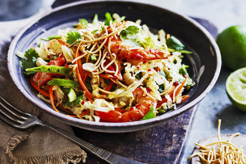 Our Best Salad Recipes, Mediterranean Prawn Salad , Smoky Texan Chicken with Ranch Salad , Lamb with Chickpea and Avocado Salad , Charred Potato Caesar Salad , Bacon and Corn Pasta Caesar Salad , Sweet Chilli Chicken and Pineapple with Salad , Spicy Sausages with Pineapple Rice Salad , Tuscan Steaks with Olive Avocado Salad , Thai Fish and Prawn Cakes with Asian Salad