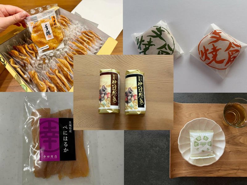 1：薄焼きの香ばしさが際立つ「純手焼きせんべい」, 2：濃厚でねっとり…茨城県産「べにはるか平切りほしいも」, 3：宮城といえば「伊達絵巻」。ふんわり食感＆インパクト大, 4：サクサク生地と白あんが絶品の「支倉焼」, 5：京都の「阿闍梨餅」は老若男女に合う味わい