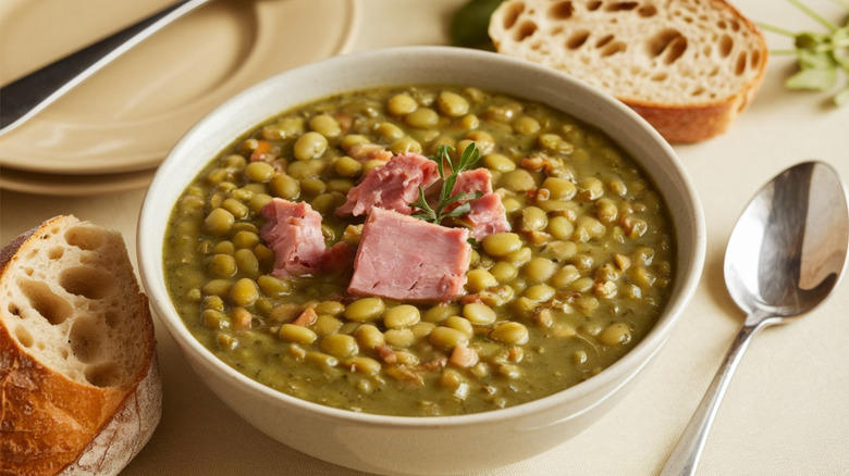Croquettes, Spinach-stuffed filets, Red flannel hash, Split pea soup, Boston baked beans, Cranberry mousse, Finnan haddie, Three-minute eggs