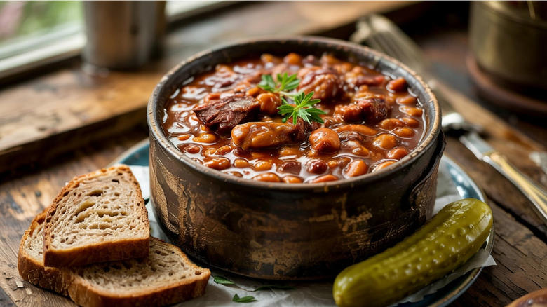 Croquettes, Spinach-stuffed filets, Red flannel hash, Split pea soup, Boston baked beans, Cranberry mousse, Finnan haddie, Three-minute eggs