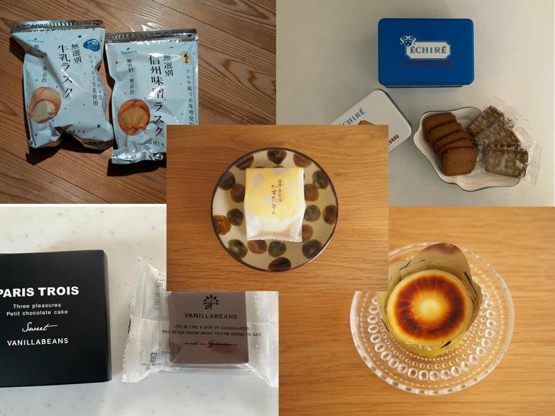 1：横浜発のプチショコラケーキ「パリトロ・スイート」, 2：鹿児島県民ならだれもが知る「かすたどん」, 3：サツマイモをふんだんに使った「唐芋レアケーキラブリー」, 4：フランス発酵バターを使ったサブレ2種, 5：長野のご当地スーパーのオリジナルラスク