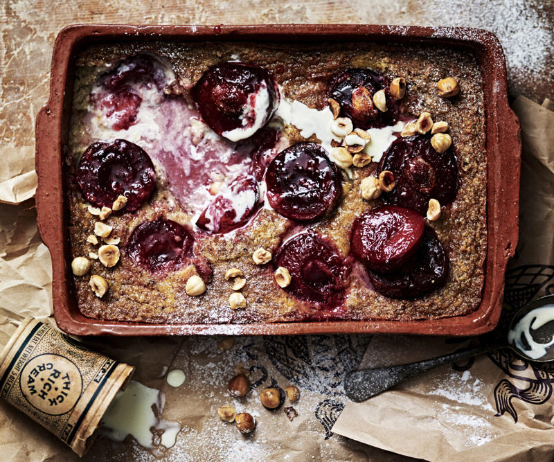 Flourless almond, plum and orange blossom loaf , New York plum cheesecake , Spiced plum cake , Plum and lemon polenta cake , Plum & mascarpone tart , Plum crumbles , Grilled plums with meringues and orange cream , Plum and almond slice , Almond and plum crescents , Steamed plum pudding , Pear and plum amaretti crumble , Sago plum puddings with orange cream , Spiced plums with yogurt , Blood plums with honey and cardamom yoghurt , Spiced plum and port jam , Macerated plums with coconut sorbet , Plum turnovers , Plum and cinnamon cake , Plum and almond upside-down cake , Hazelnut, plum and sour cherry cake , Plum and apricot chocolate crumble , Plum, hazelnut & ginger gluten-free galette , Three-ingredient plum tart , Spiced plum and apple crumble , Sago plum pudding , Dark plum jam