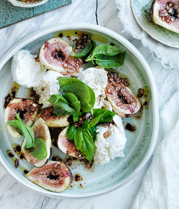          Fig, pomegranate and burrata with Sherry vinaigrette      ,          Ricotta fritters with honey and figs      ,          Sean Moran’s pork belly roasted with fennel, radicchio and figs      ,          Fig, fennel and grain salad with citrus dressing      ,          Lemon-scented labneh with fig and beetroot      ,          Fig leaf-baked brie with pickled figs and fennel seed fougasse      ,          Mike McEnearney’s fig salad with roast onions, walnuts and radicchio      ,          Chicken roasted with butter, figs and verjuice      ,          Fig, prosciutto, pear and witlof salad with pomegranate vinaigrette      ,          Figs with whipped ricotta, orange and mint      ,          Roast pumpkin and fig fatteh with za’atar and whipped feta      ,          Glazed figs with salted caramel ice-cream      ,          Spice-roasted duck with figs      ,          Haloumi, ricotta and peppered fig pide      ,          Orange-scented cheesecake with figs and Amaro syrup      