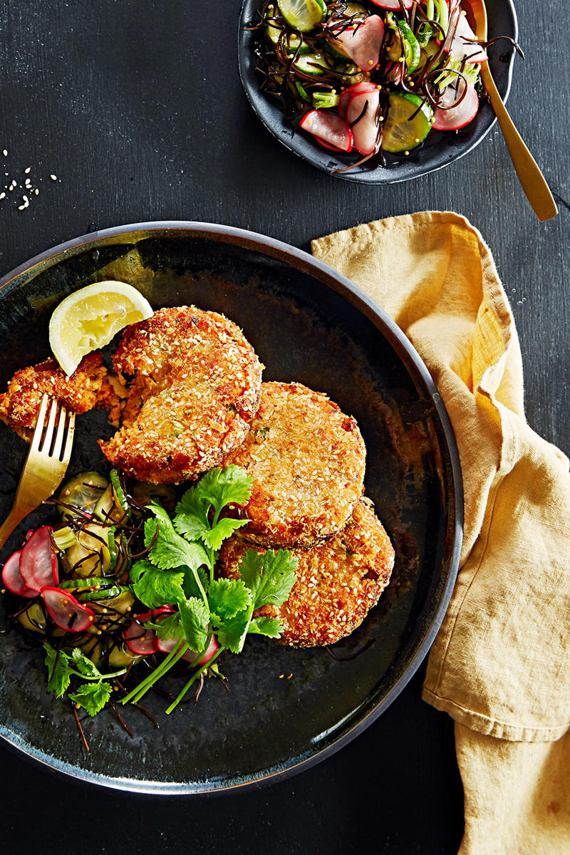 100 healthy dinner recipes your family will love, Eggplant pillows (Cuscini di melanzane) , Ginger fish stir fry , Grilled salmon and cos salad , Kale falafel salad with toasted pine nuts and hummus