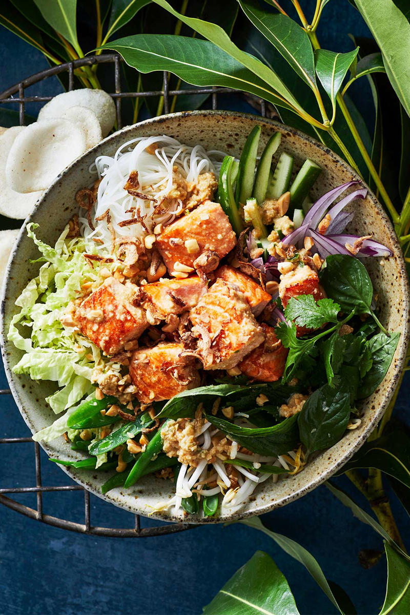 100 healthy dinner recipes your family will love, Eggplant pillows (Cuscini di melanzane) , Ginger fish stir fry , Grilled salmon and cos salad , Kale falafel salad with toasted pine nuts and hummus